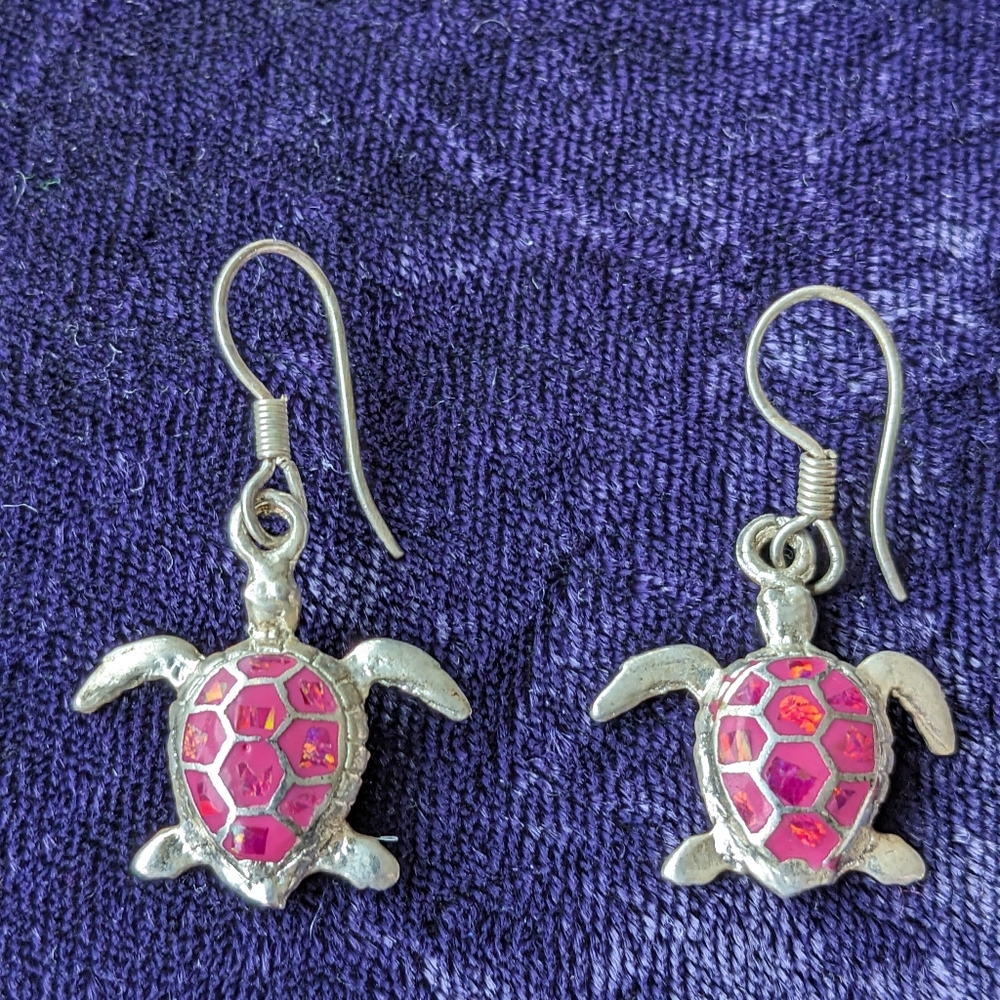 Silver And Pink Turtle Tortoise Drop Earrings With Opal Inlay